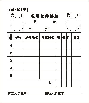 邮1301甲/5格收发邮件路单